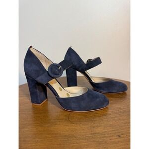 Boden Navy Suede Mary Jane Block Heels Size 38 Buckle Strap Round Toe Pumps